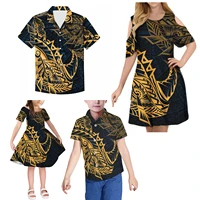 wholesale family set parent child outfit polynesia tonga print women ruffle off shoulder dress match men shirts children t shirt