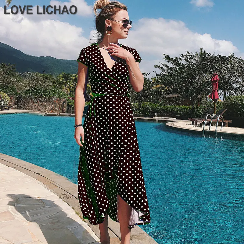 Модное платье в горошек с v образным вырезом элегантные летние Асимметричные