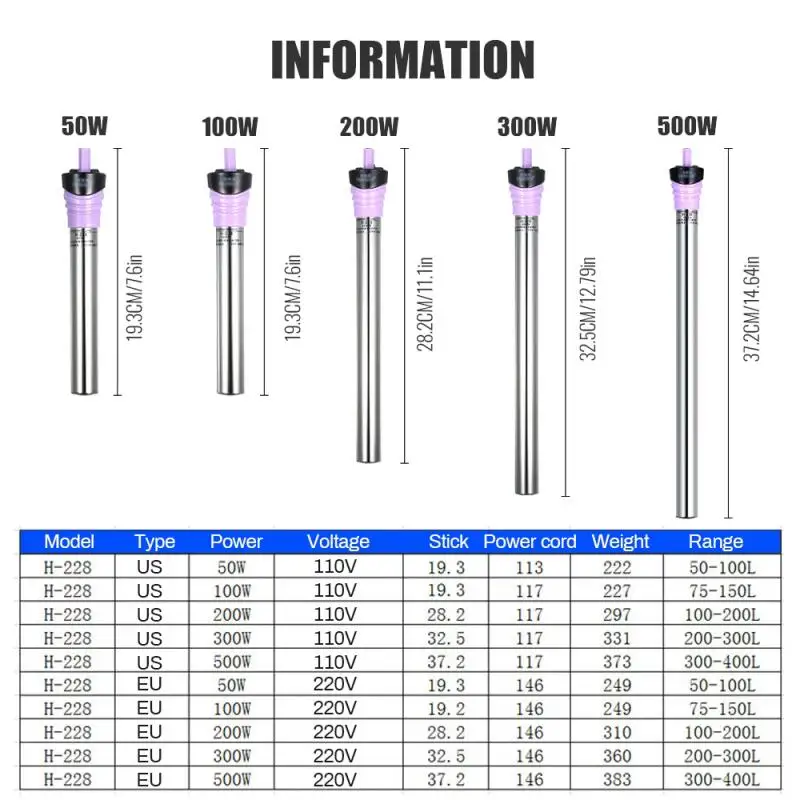 

50/100/200/300/500W Aquarium Fish Tank Submersible Water Heater Constant Temperature Heating Rod EU/US Plug