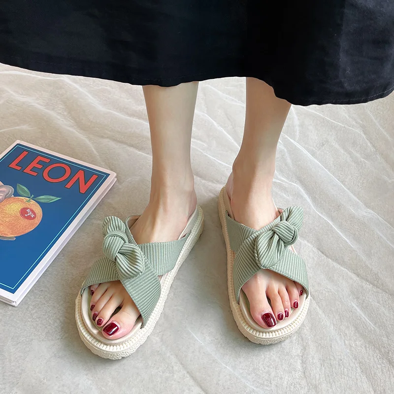 

Shoes Woman 2021 Butterfly-Knot Slippers Flat Lady Pantofle Platform Luxury Slides Med Girl New Summer Designer Fabric Rome Butt