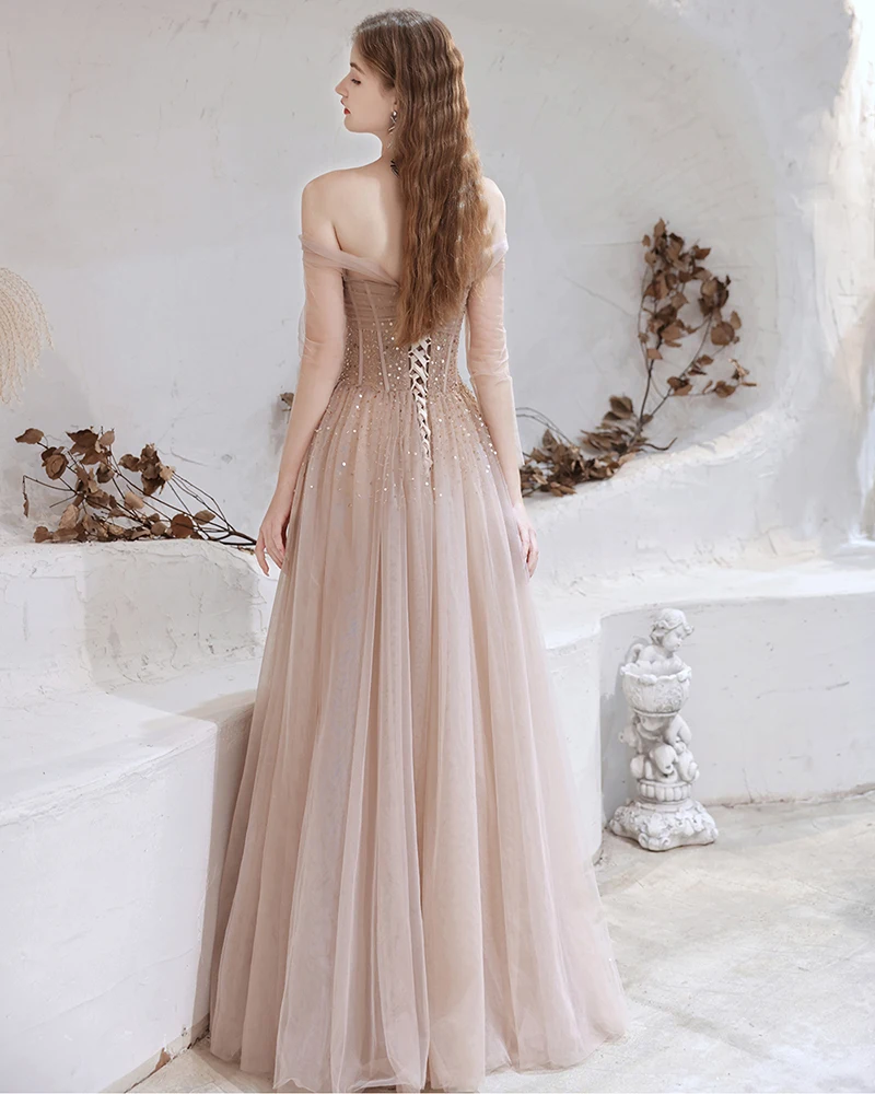 formal evening gowns Gorgeous Evening Dresses 2021 Nude Pink Sexy Off Shoulder Beaded Beading Sequined Long Sleeve Formal Gown formal evening gowns