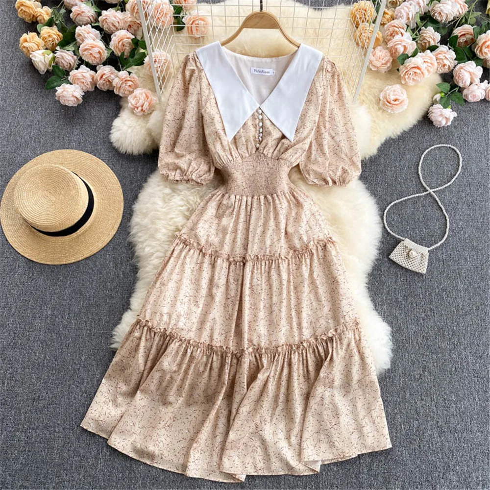 

Women Kawaii Sweet Floral Dress Summer French Vintage Short Sleeve Slim Elastic Dresses Vintage Sundress Female Clothes 2021