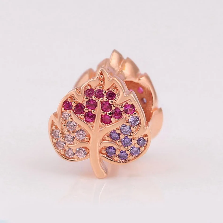 Подлинная S925 розовая бусина золотого цвета с листьями очаровательный женский