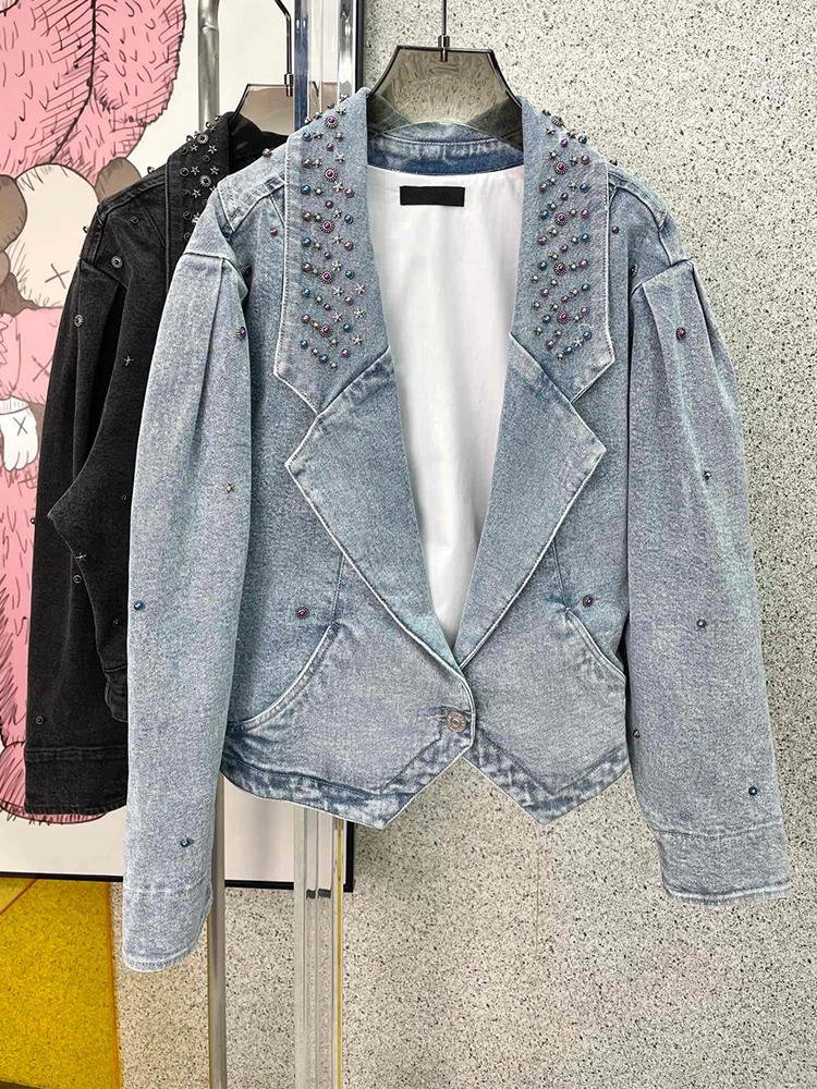 

Vintage Washed Blue Denim Jacket Diamond-Studded Lantern Sleeves Irregular Stitching Loose Short Chaqueta Black 21 Summer Women