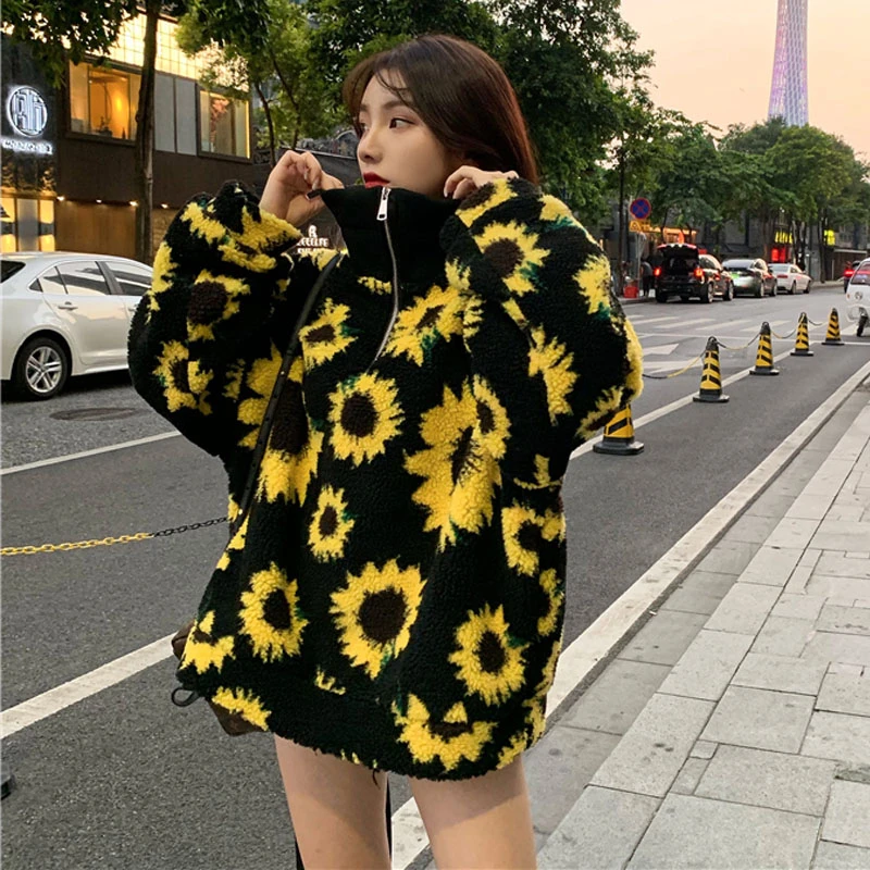 

Street Winter Fashion Sunflower Velvet Women Spring 2021 New Korean Zipper Long Sleeve Sweatshirts Loose Female Pullover Top W03