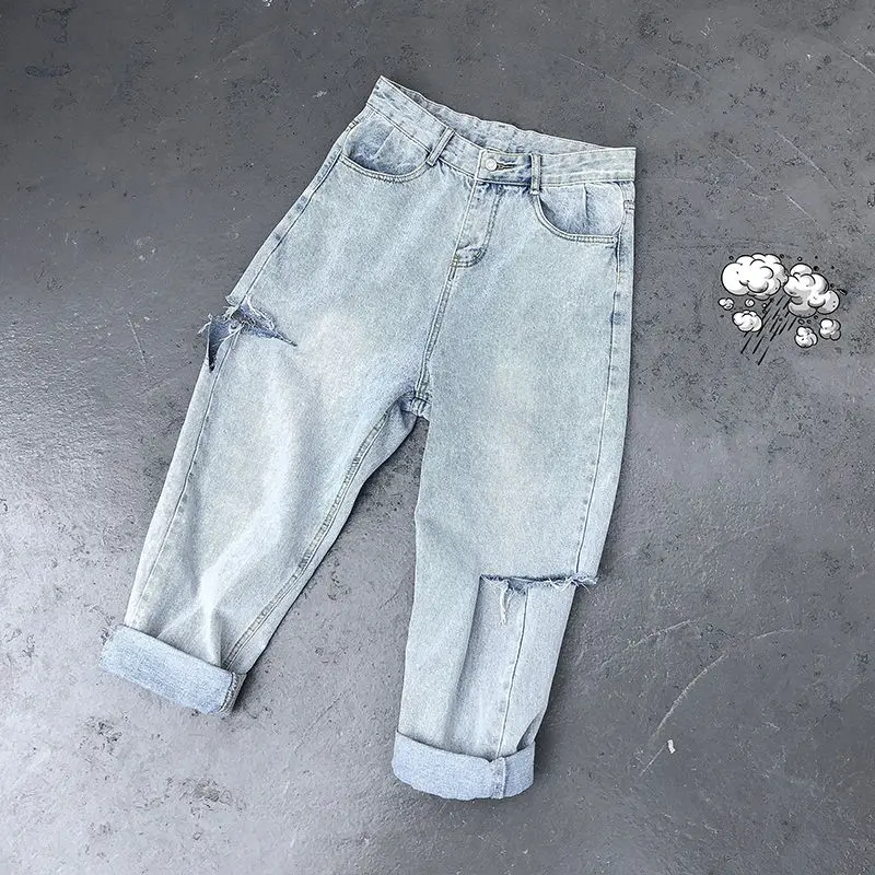 

Джинсы мужские рваные, Стрейчевые модные штаны с дырками, в стиле хип-хоп, свободные в Корейском стиле