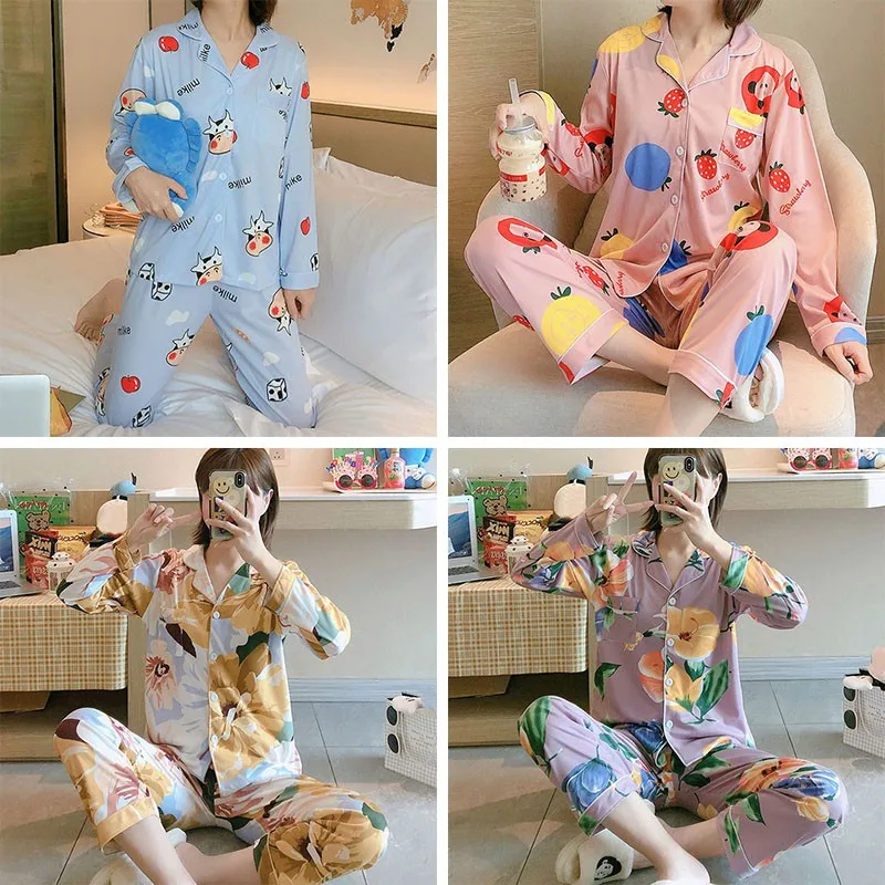 

Women Casual Pajamas Sets Ladies Lapel Cardigan Cartoon Casual 2-piece Family Suit Autumn Winter New Arrive