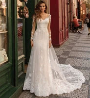 bohemian wedding dress 2021 vintage long sleeve scoop floor length court train robe de mariee charming lace appliques