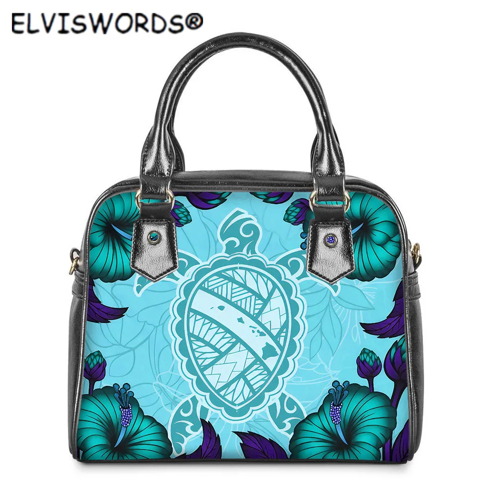 

ELVISWORDS тропический цветок гибискуса и черепаха дизайн женская прочная PU Сумка через плечо Ручка Сумка-тоут дамская сумочка и кошелек
