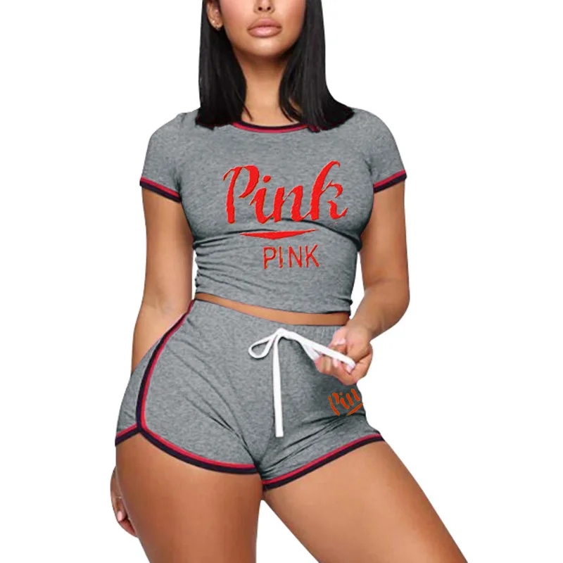 

Cute Letter Print Two Piece Tracksuit Women's Clothing 2021 O Neck Short Sleeve Crop Top And Biker Short Sportswear Club Outfit