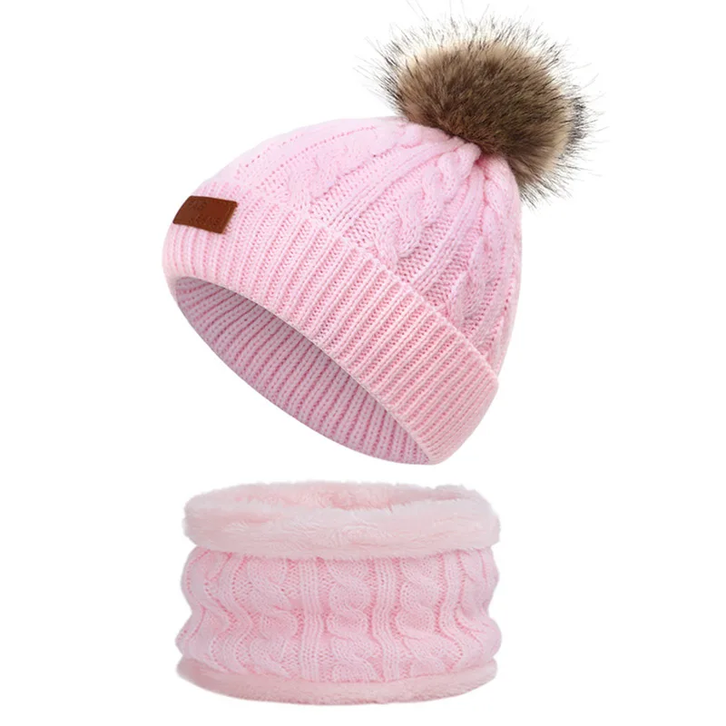 

2021 children'snew single-haired ball hat neck set baby double-layered thick knitted hat neck set two-piece set