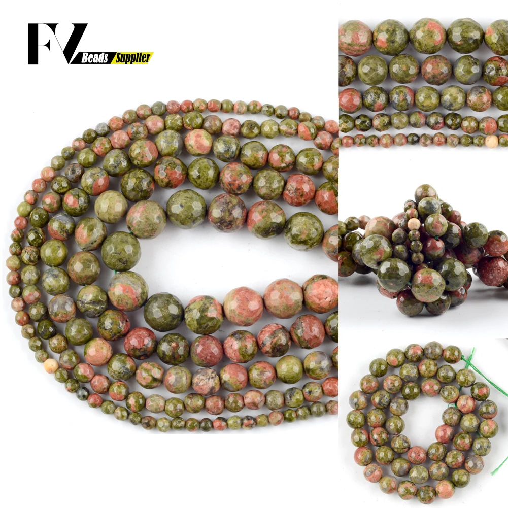 

Wholesale 4-12mm Faceted Unakite Loose Spacer Round Stone Beads For Jewelry Making DIY Bracelets Necklace Needlework 15“