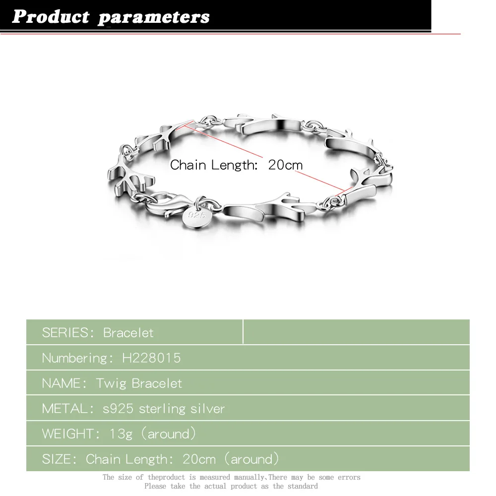 Женский Браслет из серебра 925 пробы с подвеской в виде ветки 20 см|sterling silver bracelet|solid