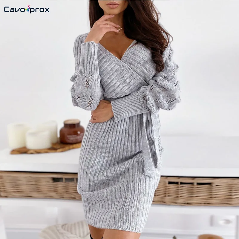 V-Neck Surplice Wrap Ribbed Batwing Sleeve Sweater Bodycon Dress Women Chic Solid Pullover Slim Fit Spring Fall Jumper |