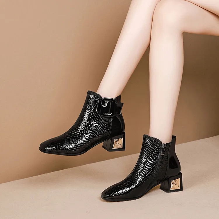 

MLJUESE 2020 women ankle boots cow leather square toe winter short plush buckle strap square heel women boots size 34-42