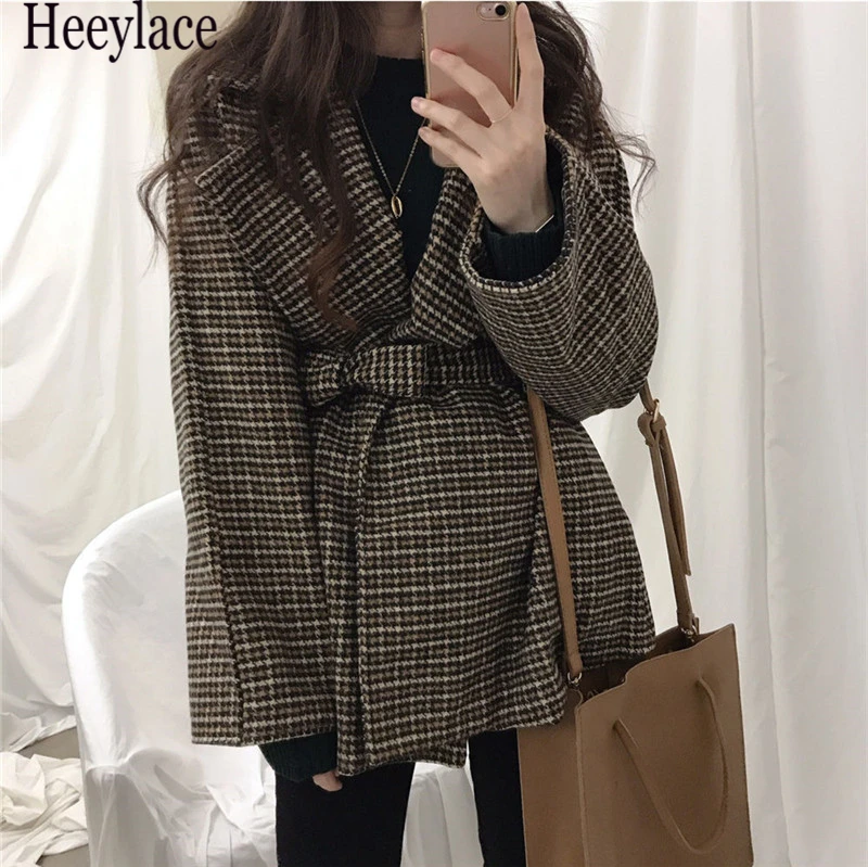 

Женский блейзер, Осень-зима 2021, элегантный винтажный клетчатый топ в Корейском стиле на шнуровке