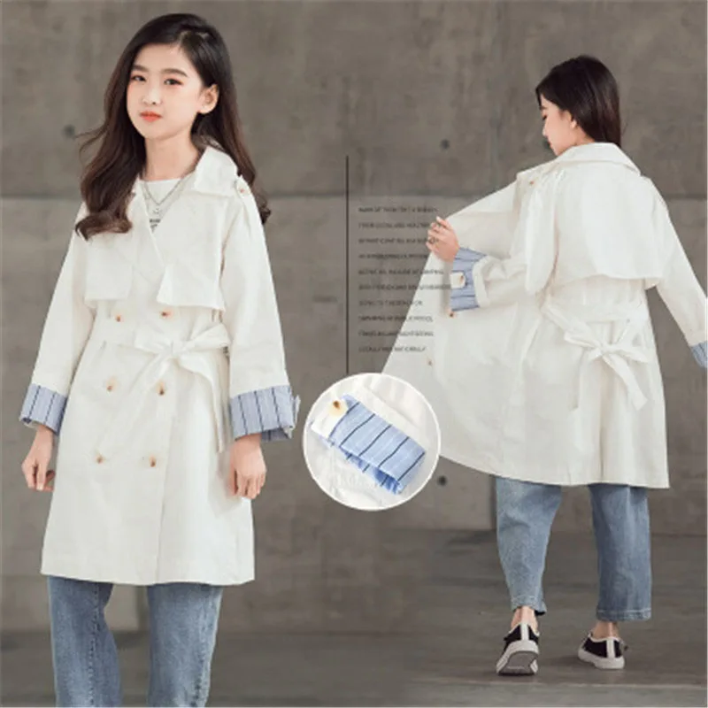

Girls Windbreaker Coat 2021 Spring Children Jacket Double Breasted Splicing White Overcoat for Teens Clothes Kids Outerwear 12 Y