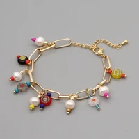 ethnic style creative stainless steel gold chain retro glazed flower bead baroque natural freshwater pearl bracelet gold