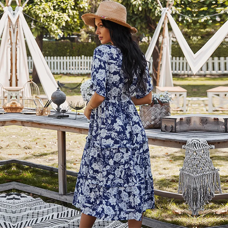 

2021 Spring New Print Dress Women Casual Short Sleeve High Waist Lace Up Floral Dress For Women Sexy V Neck Summer Dress