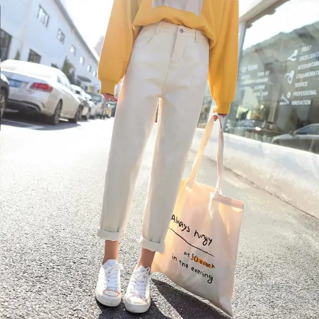 

Spring and autumn jeans women's straight tube homestay Beige wide leg high waist loose student BF pants