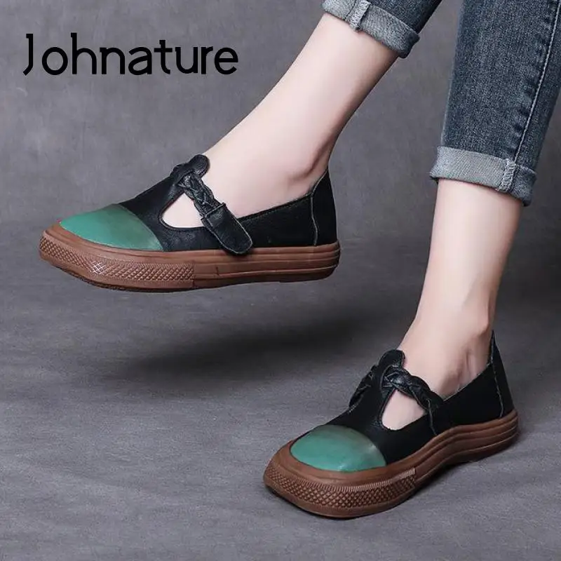 

Женские туфли на плоской подошве Johnature, разнообразные туфли из натуральной кожи с квадратным носком, Осенняя обувь, 2021