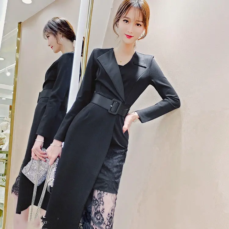 

Women 2021 Spring Autumn Fashion Lace Patchwork Dress Female New Slim Package Hip Dresses Ladies Long V-neck Vestidos L49