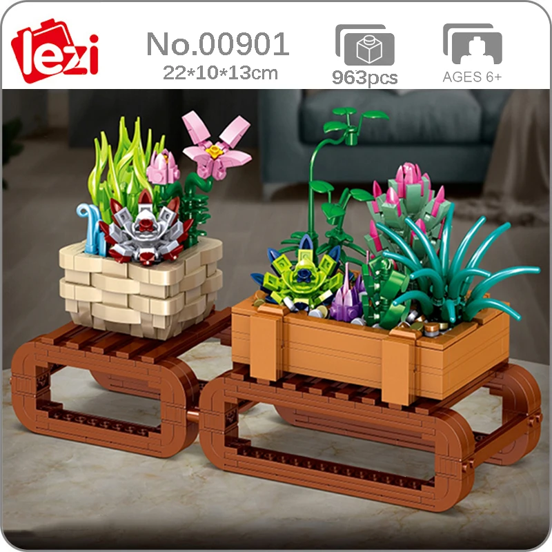 

Lezi 00901 Pot Plant Succulents Orchid Camellia Grass Flower Shelf Model DIY Mini Blocks Bricks Building Toy for Children no Box