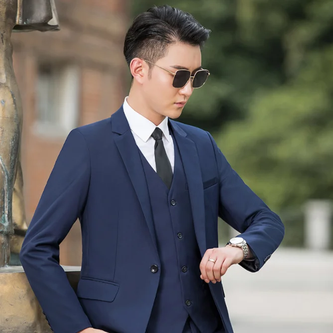 ( Jacket + Vest + Pants ) Boutique Fashion Blue Plaid Slim Men's Formal Suit 3Pce Set Groom Wedding Dress Show Banquet Male Suit
