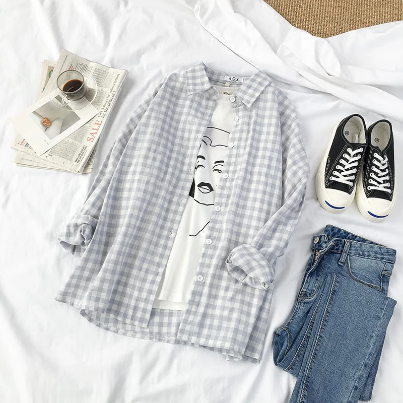 

Spring 2021 New Women's Clothing Korean Light Color Plaid Shirt Summer Shirt Han Fan Top Sunscreen Shirt