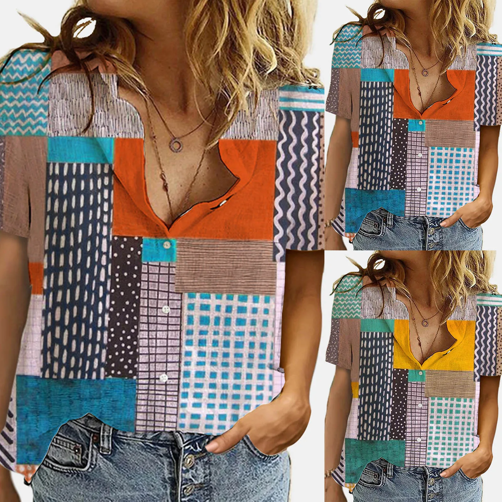 

Plaid Womens Shirts Plus Size Button Up T Shirt Summer Cotton Linen Tops Leisure Lapel Short Sleeve Loose T-shirt Camisas Mujer