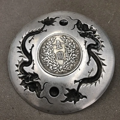 Античный рельефный двойной дракон играющий с жемчугом украшение из белой меди и