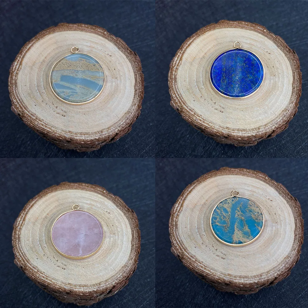 

Natural Stone Pendant Color Round Lapis Lazuli Turquoise Edging Pendant Earrings Necklace DIY Making Charm Jewelry Decoration