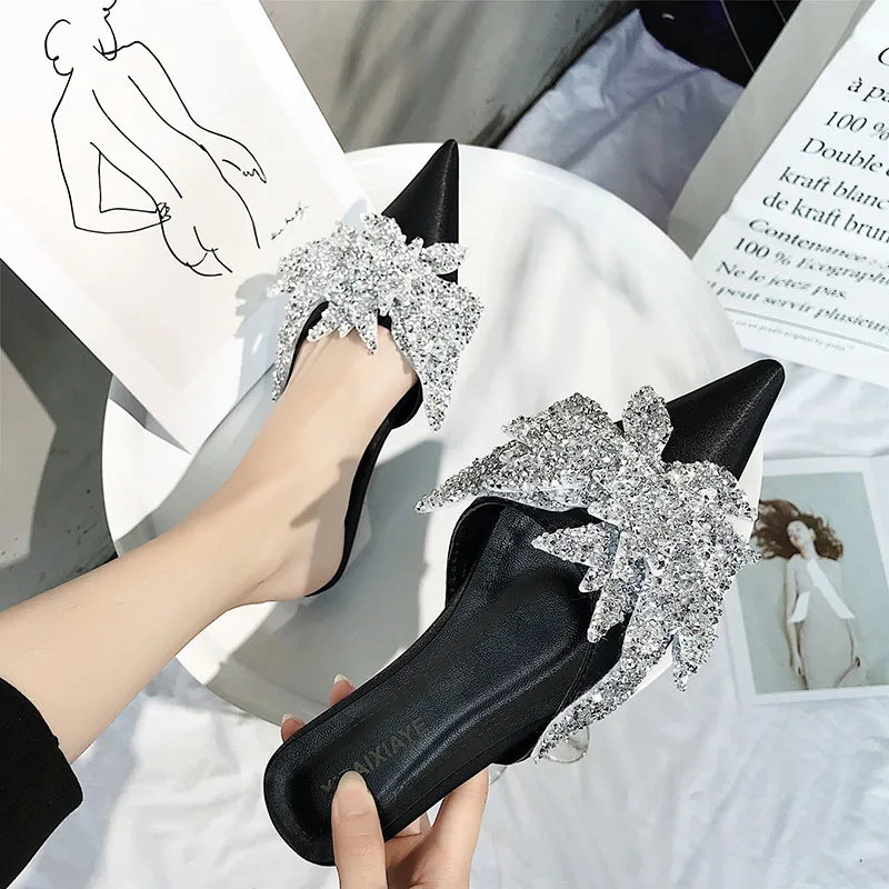 2020 шикарные шлепанцы с задником летние туфли острым носком женские модные без