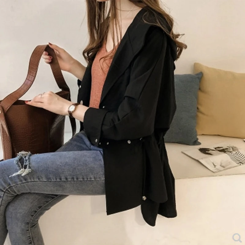 

Trench Coat Women Korean Version Loose Hooded Solid Color Spring New Turn-down Collar Casual Fashion Long Coat Woman Lugentolo