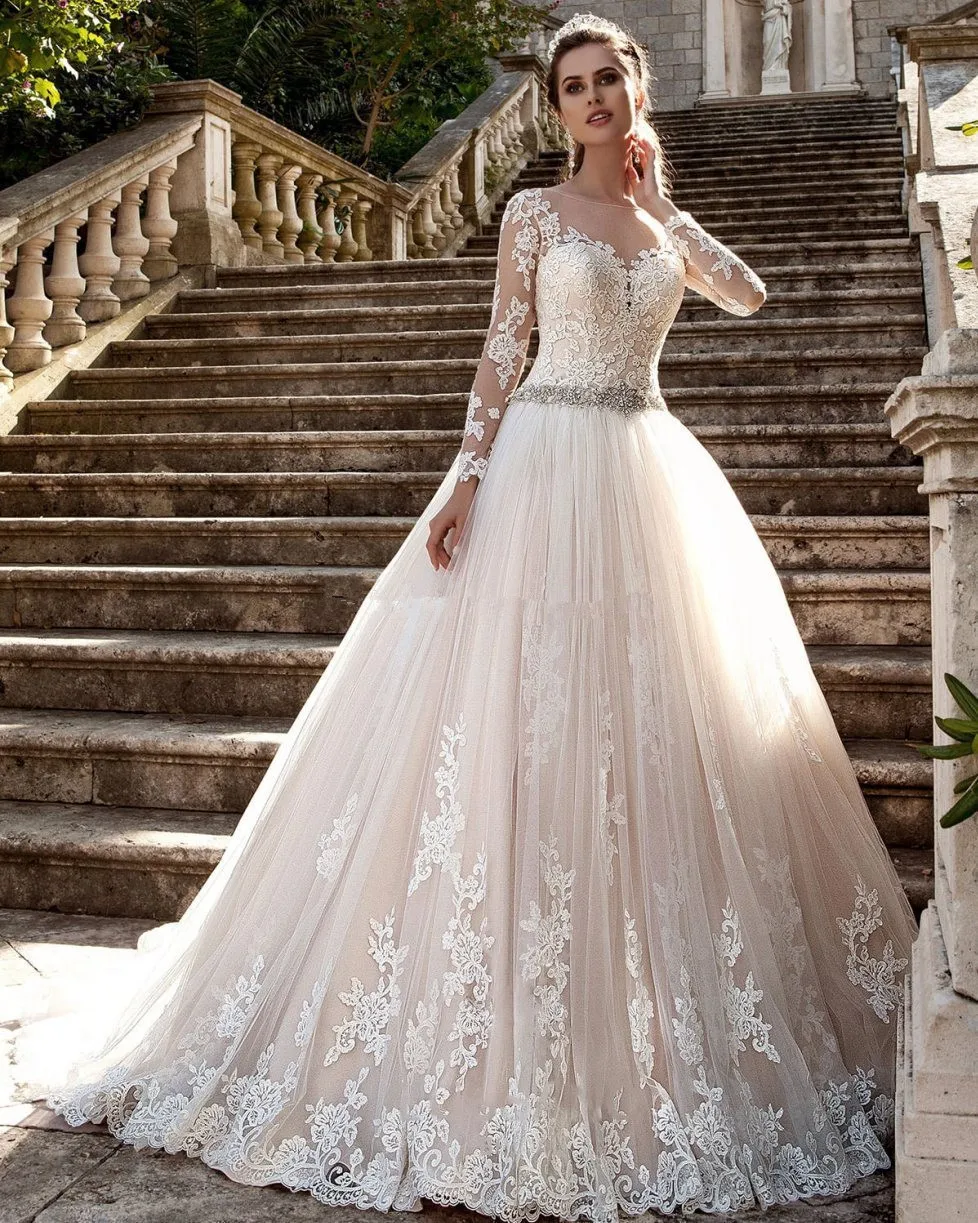 

vestido de noiva princesa manga Long Sleeve lace Champagne See Through Back Princess bridal Gown mother of the bride dresses