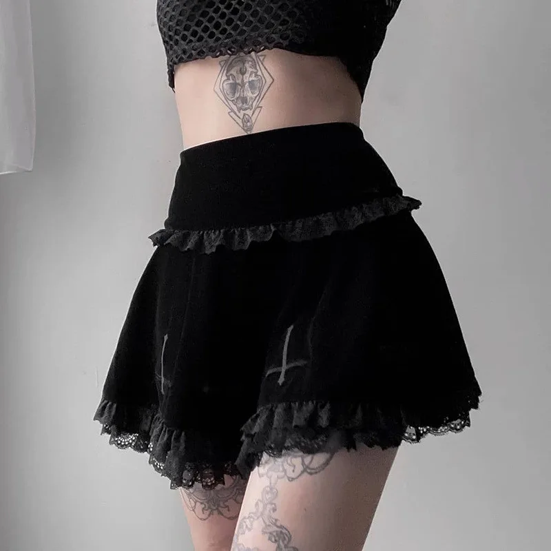 

Gothic Clothes Black Lolita Mini Skirts Sexy Woman Bottoms High Waist Lace Patchwork Y2k Aesthetic Skirt Spring Autumn Outfits
