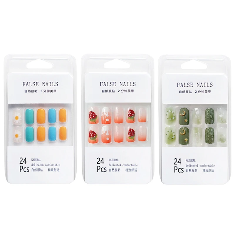 24 шт. накладные ногти с клеем дизайном полное покрытие ногтей клубничный крем