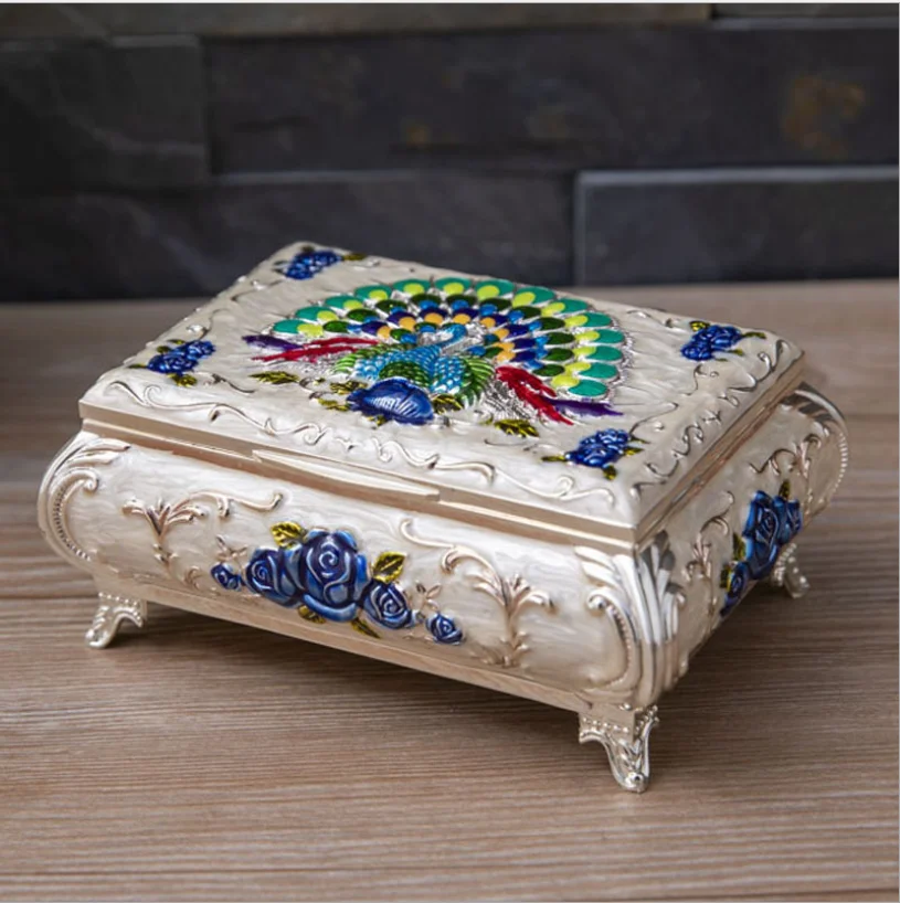 

Creative Peacock Pattern Decorative Metal Jewelry Orgnizer Tin Storage Box Ring makeup organizers Z216