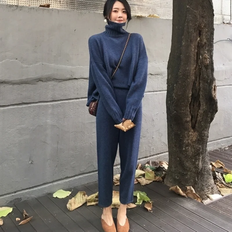 New arrival Autumn winter Knitted Tracksuit Turtleneck Sweatshirts for Women Suit Clothing 2 Pcs Set Knit top Pants suit Female