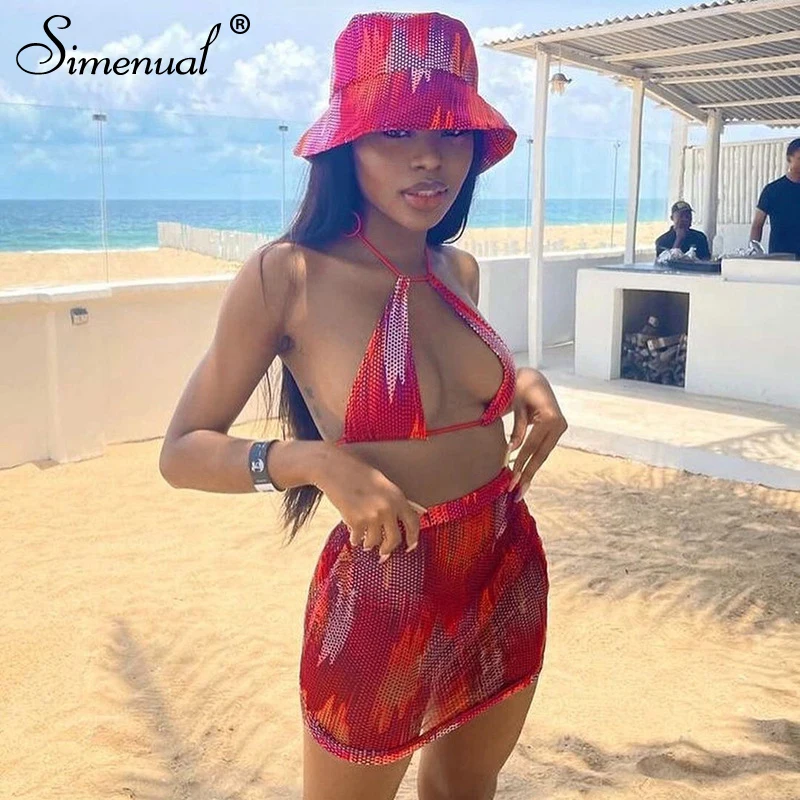 

Simenual Cut Out Halter Top And Skirt Mesh Matching Sets See Through Holiday Sexy Vacation Outfit Backless Baddie Two Piece Set