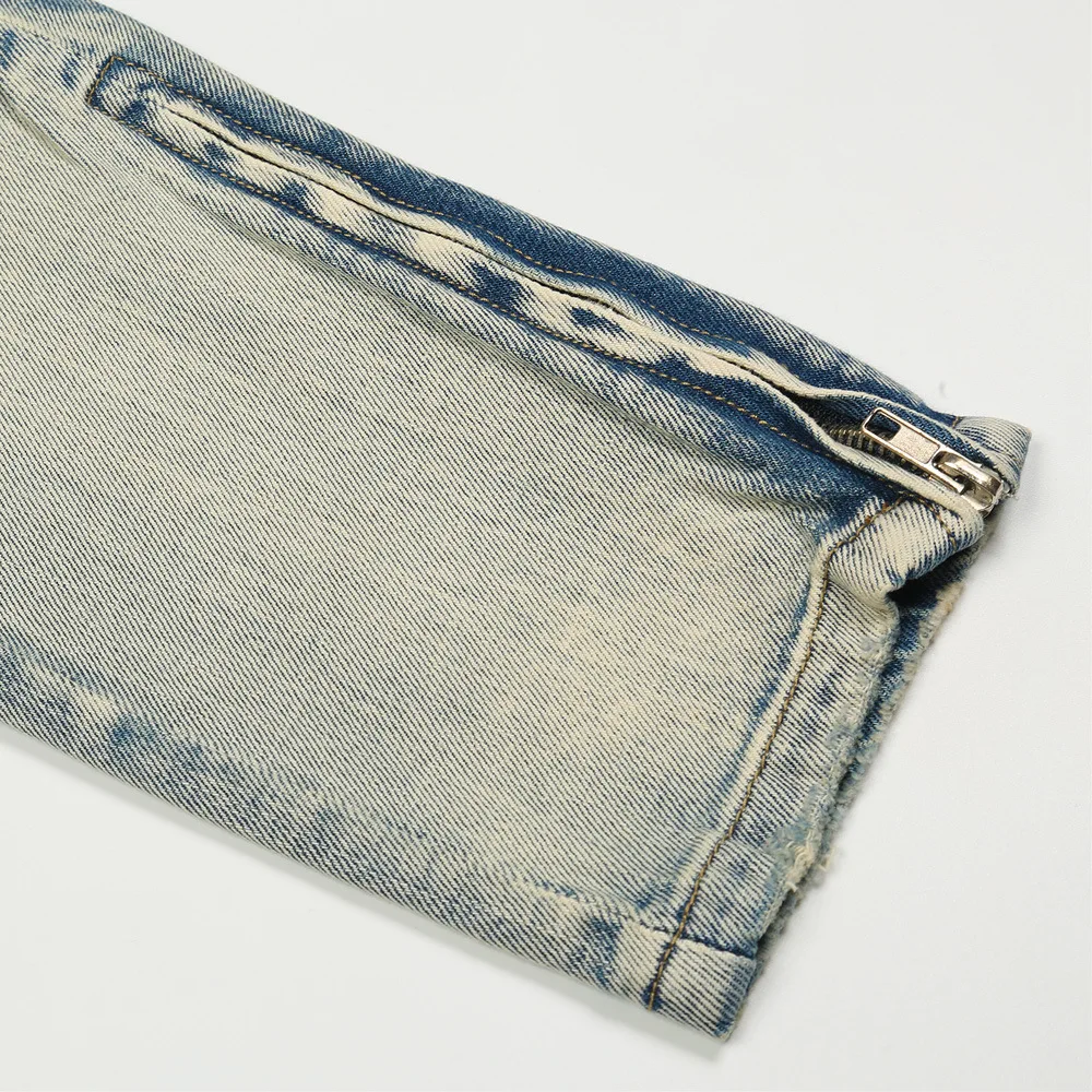 2021 New Arrival Solid Hole Ripped Patch Slim Men Jeans Pencil Pants Hip Hop Washed Retro Zipper Slits Denim Trousers Spodnie
