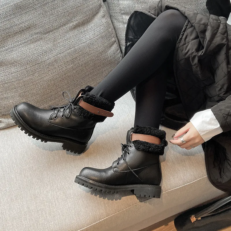

Asumer Hot Sale Genuine Leather Footwear Women Winter Snow Boots Top Quality Lace Up Thick Heel Casual Ankle Boots Women