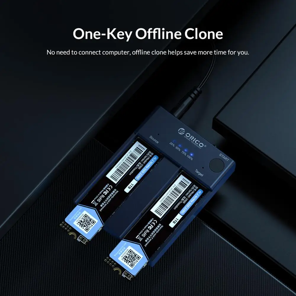 ORICO Dual Bay M.2 NVME SSD Enclosure 10Gbps Offline Clone USB C 3.1 Gen2 For M Key M/B Key NVME PCIe SSD Hard Drive Reader 4TB