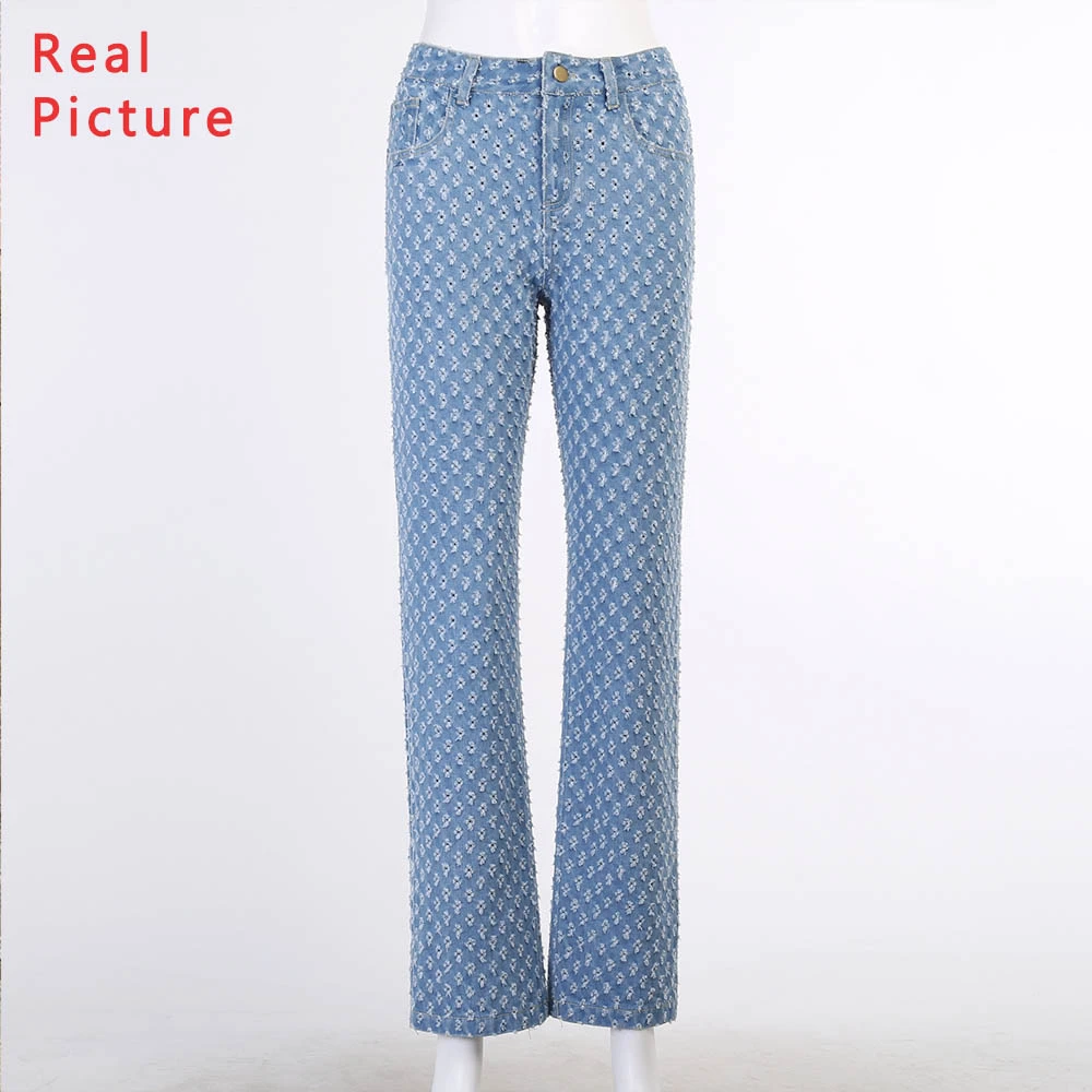 

Woman Jeans Denim Blue Holes Hollow Out Baggy Jeans Zipper Fly Pockets Ripped Jeans For Women Straight Wide Leg Pants Streetwear
