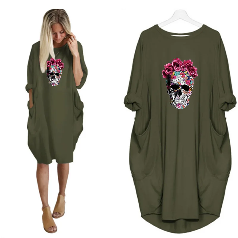 

Party Dress Loose Women Midi Dress Plus Size Rose Skull Print Autumn Long Sleeve O Neck Pocket Casual Boho Vestidos Robes Femme