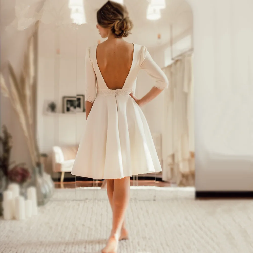 

2019 Short Wedding Dress Open Back Crepe Knee Length Bridal Dresses Short Sleeves robe de mariage