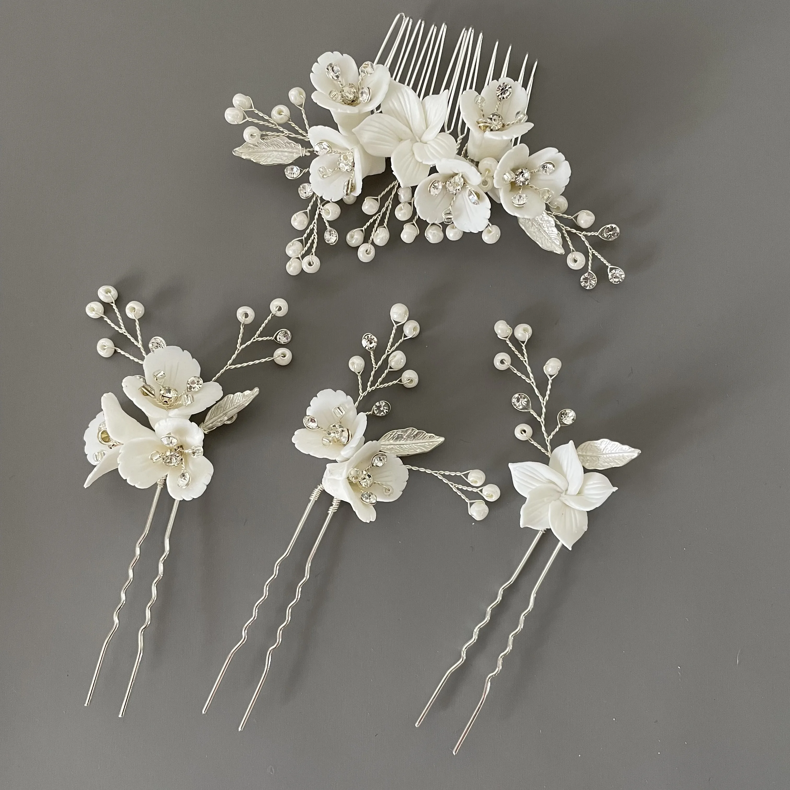 

Delicate Ceramic Flower Bridal Hair Comb Handmade Pearls Hair Pin Set Wedding Headpiece Party Prom Hair Jewelry