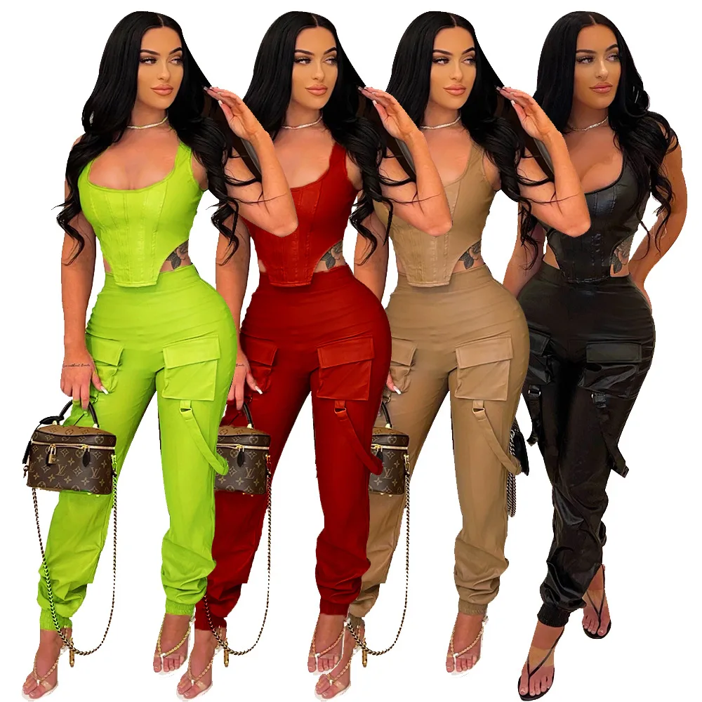 

Fashion PU Leather Solid Two Piece Set Women Sexy Sleeveless Irregular Crop Top + Strap Pants Suits Club Party Tracksuit Women