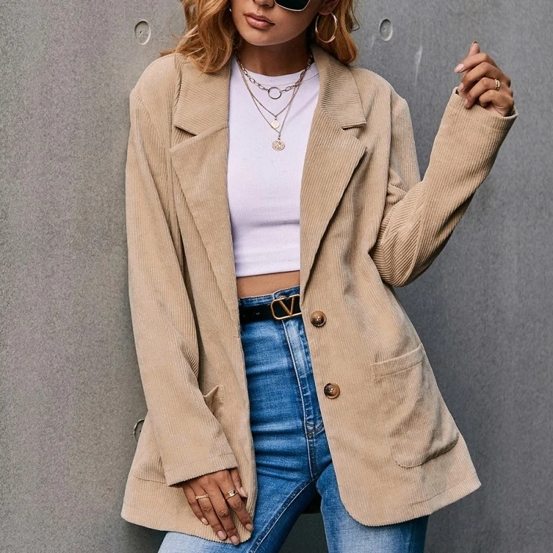 

Women's Casual Corduroy Single Breasted Suit Jacket Female Windbreaker Coat