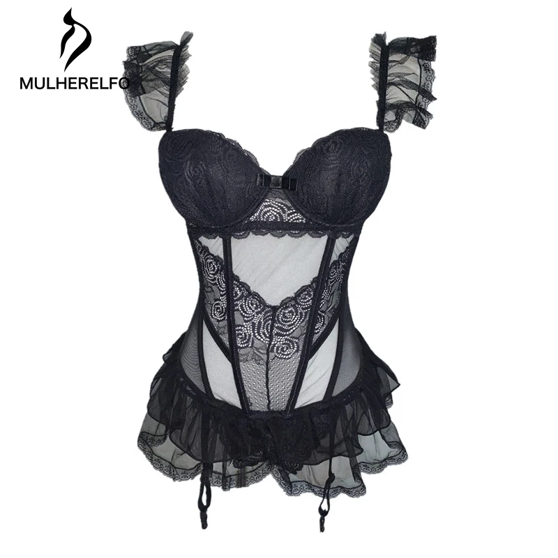 

Sexy Lace Stitching Sling Corsets Women Nightwear Patchwork V Neck Bustiers Female Sleepwear Backless Mesh Ruffle Homewear